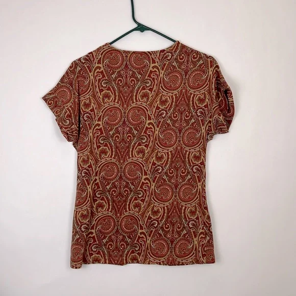 Jones New York paisley shortsleeve blouse brown, red, gold S - Picture 2 of 8
